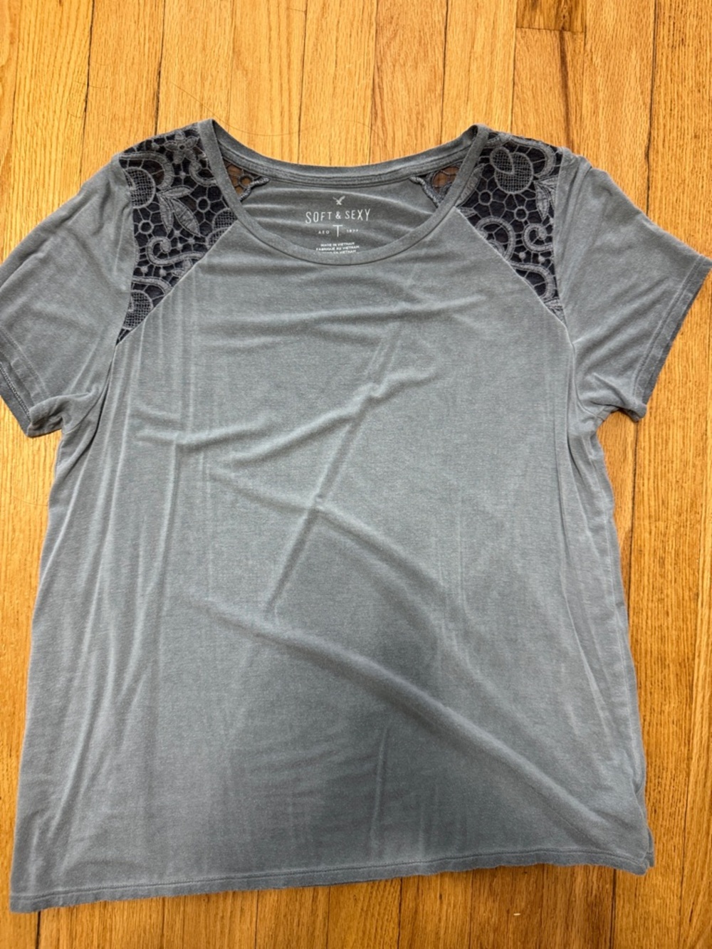 American Eagle Outfitters Gray Tee with Black Lace Shoulders